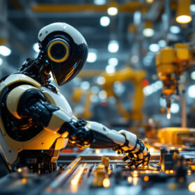 A photograph of a sleek industrial robot in action