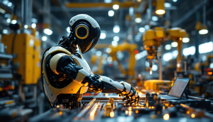 A photograph of a sleek industrial robot in action