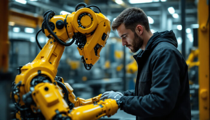 A photograph of a skilled technician programming an industrial robot in a modern manufacturing environment