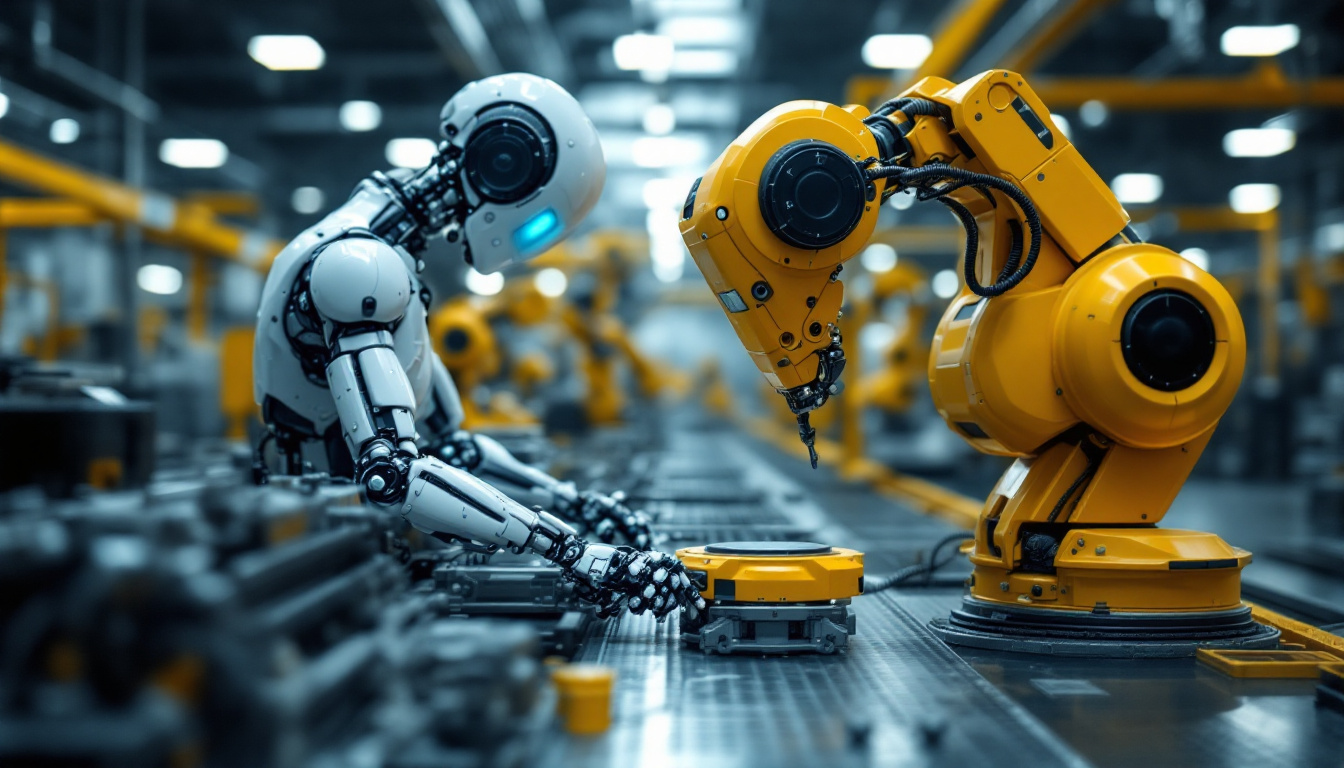 A photograph of a sleek industrial robot in action on a factory floor