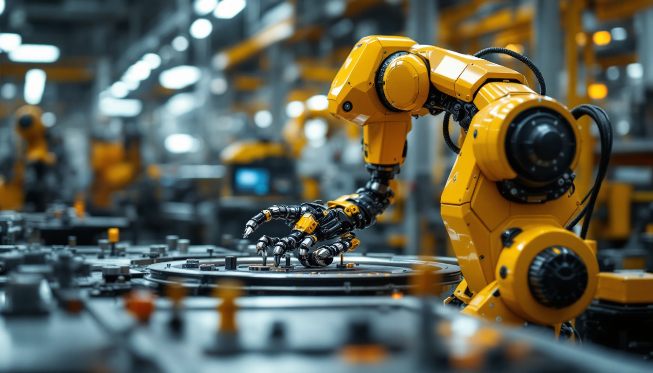 A photograph of a sleek industrial robot in action on a factory floor