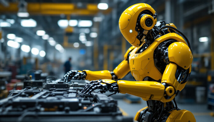 A photograph of a boston dynamics humanoid robot in an industrial setting