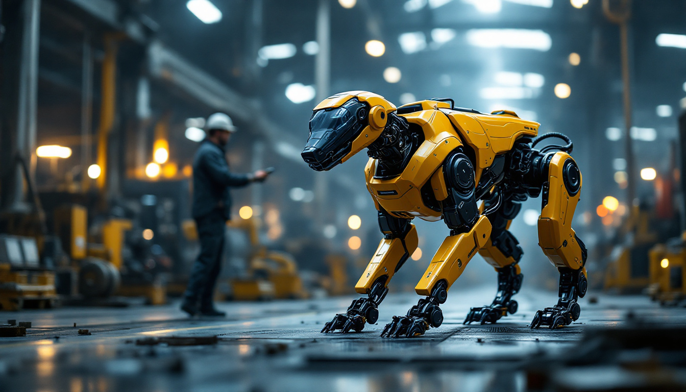 A photograph of a boston dynamics robot dog in an industrial setting