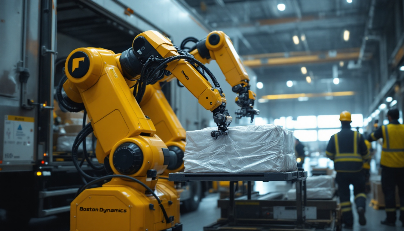 A photograph of a boston dynamics truck unloader in action