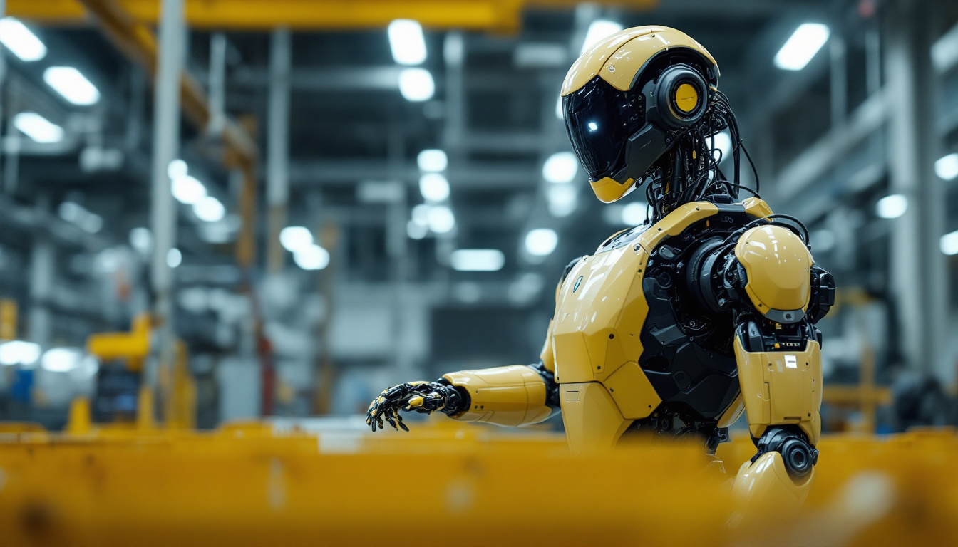 A photograph of capture a photograph of boston dynamics' humanoid robot in an industrial setting