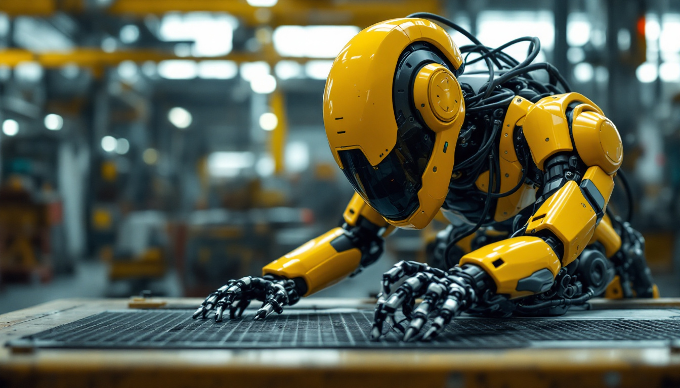 A photograph of capture a photograph of a boston dynamics robot in an industrial setting