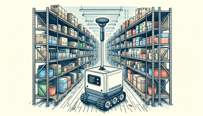 An inventory scanning robot navigating through a warehouse aisle