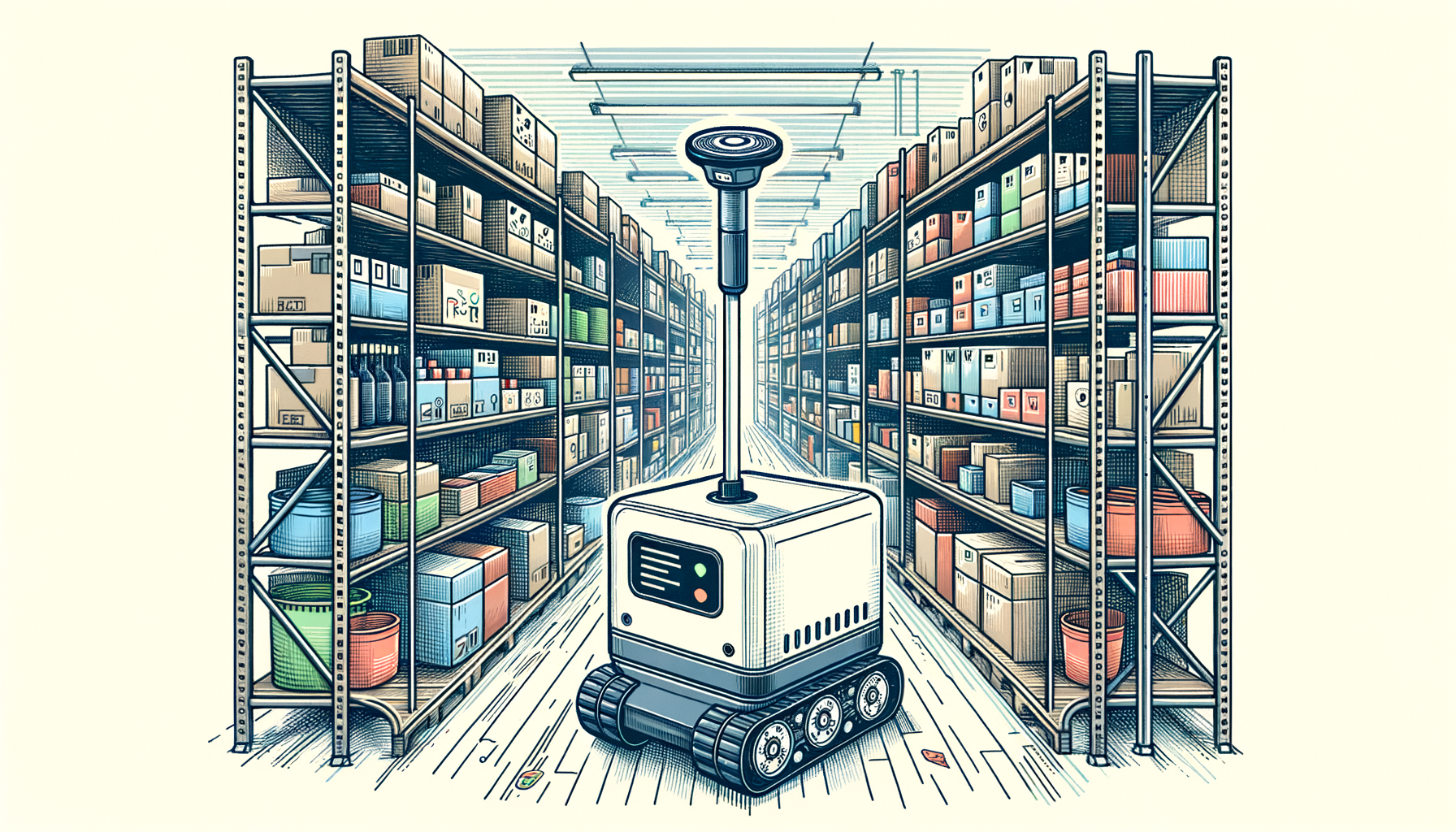 An inventory scanning robot navigating through a warehouse aisle