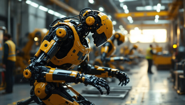 A photograph of a boston dynamics robot in action within an industrial setting
