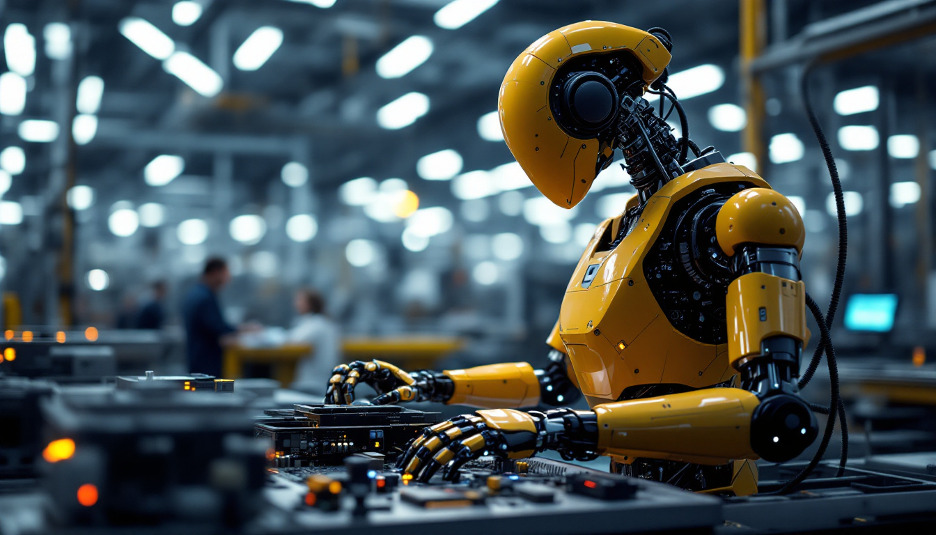 A photograph of a sleek industrial robot in action on a factory floor