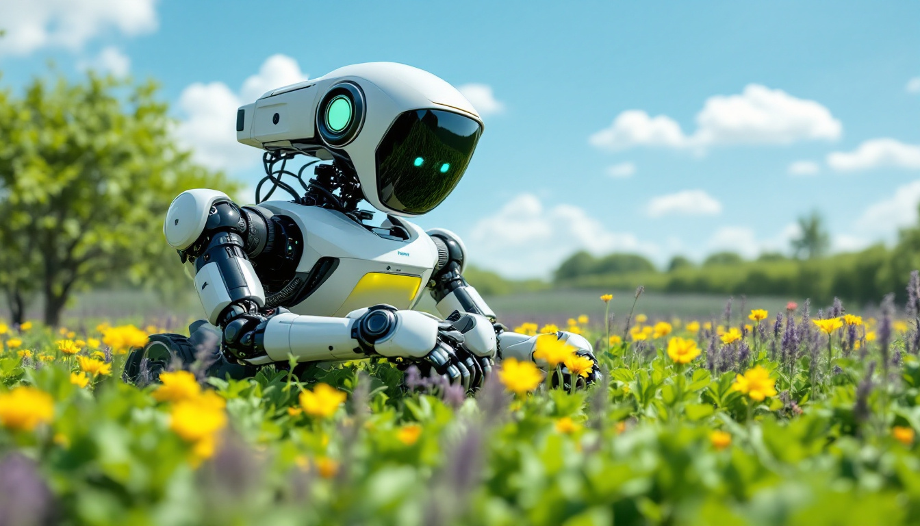 A photograph of a modern agricultural robot in action within a vibrant field