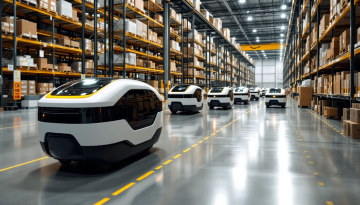A photograph of a busy amazon warehouse floor showcasing a fleet of autonomous robots efficiently navigating through aisles filled with shelves of products