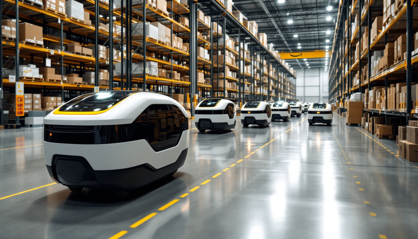 A photograph of a busy amazon warehouse floor showcasing a fleet of autonomous robots efficiently navigating through aisles filled with shelves of products