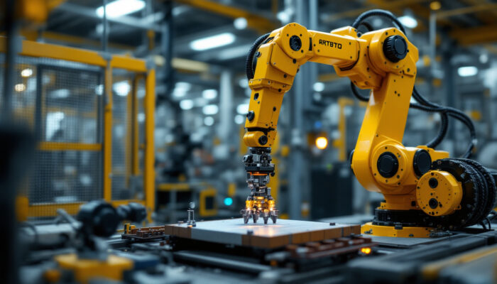 A photograph of a cartesian coordinate robot in action within an industrial setting