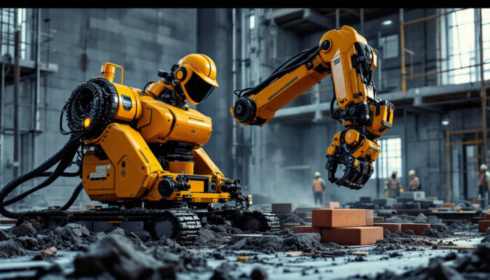 A photograph of a brick laying robot in action