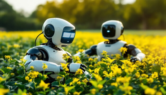 A photograph of a modern agricultural robot in action