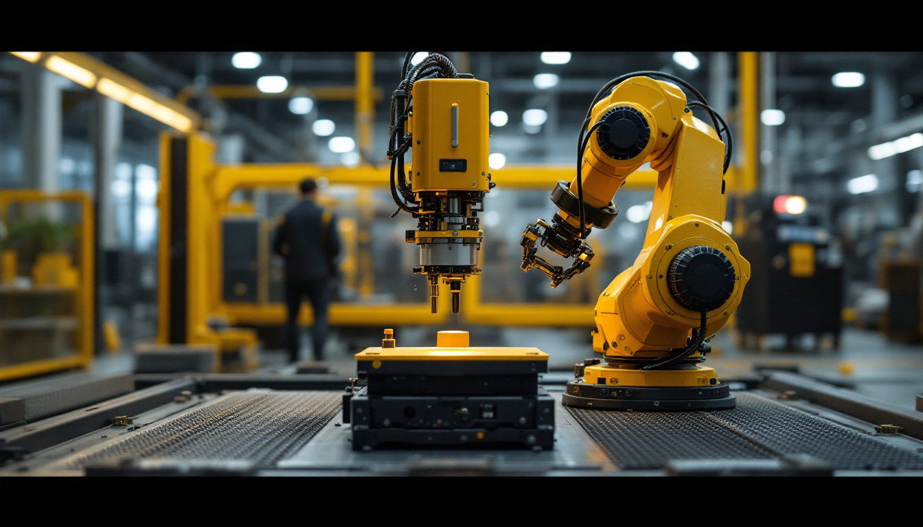 A photograph of a cartesian robot in action within an industrial setting