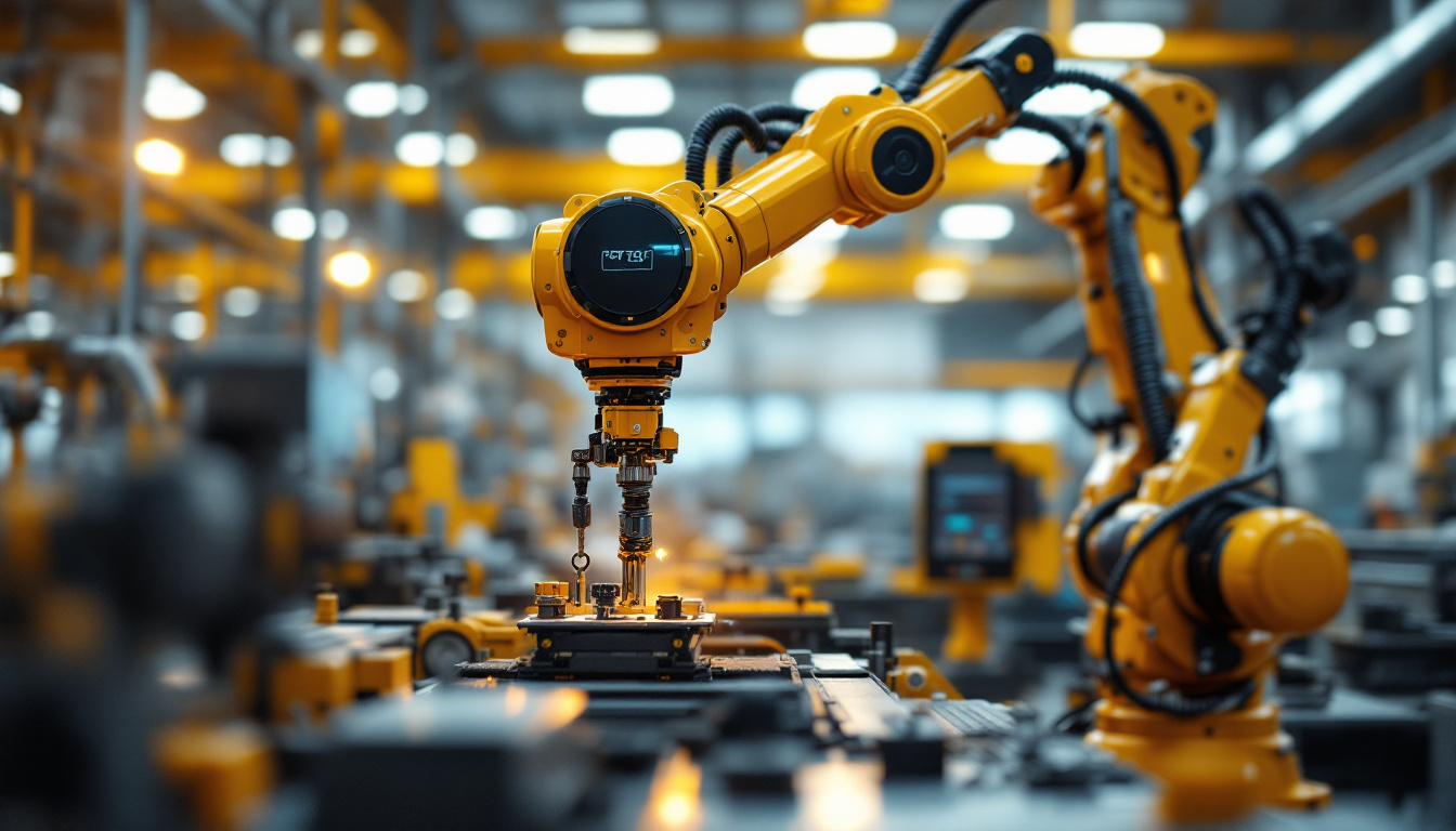 A photograph of a sleek and modern 6-axis robotic arm in action within an industrial setting