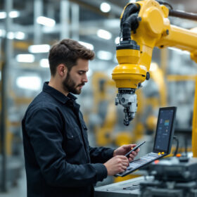 A photograph of a skilled technician programming or operating a robotic arm in a modern industrial setting