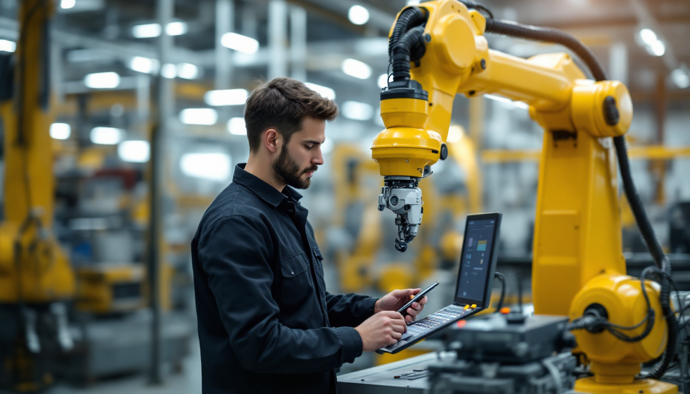 A photograph of a skilled technician programming or operating a robotic arm in a modern industrial setting