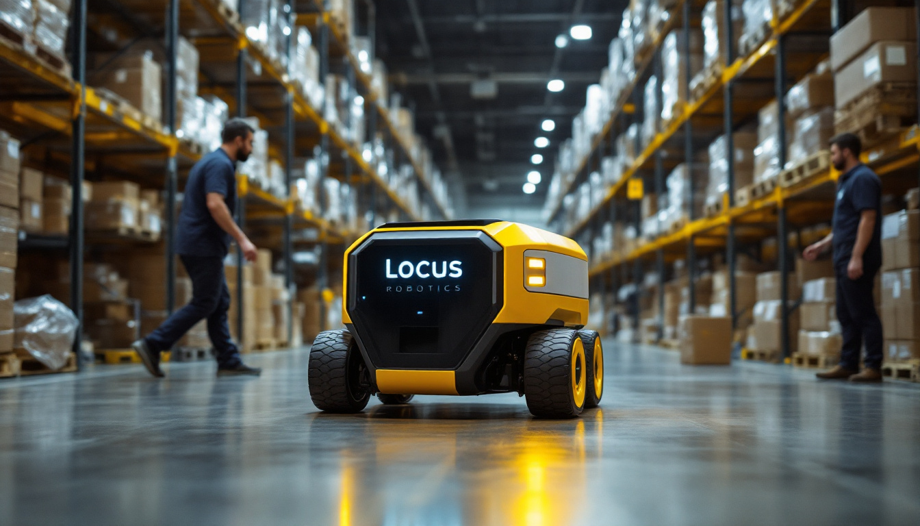 A photograph of a locus robotics autonomous mobile robot in action within an industrial warehouse setting