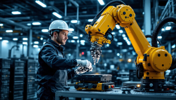 A photograph of a skilled technician operating a sophisticated industrial robotic arm in a modern manufacturing environment