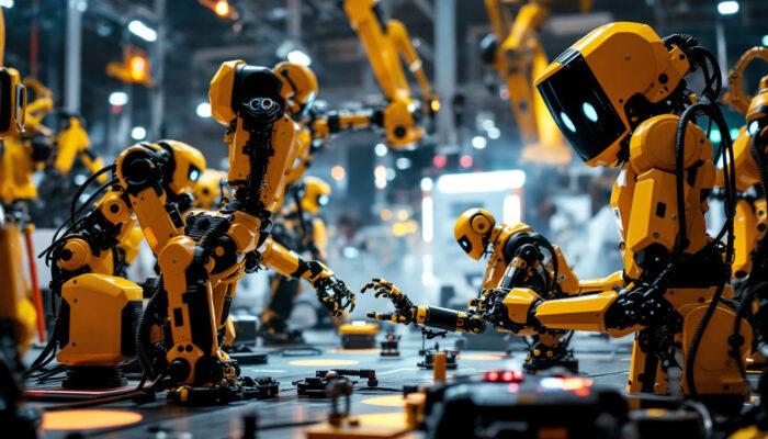 A photograph of a dynamic scene at the robot convention