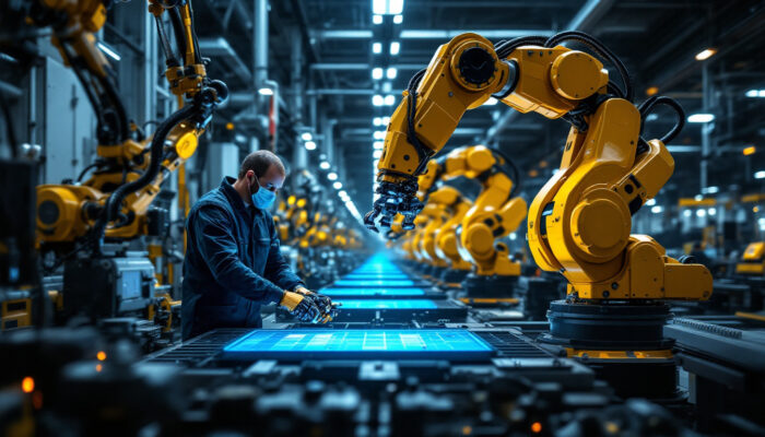 A photograph of a cutting-edge industrial robotics facility