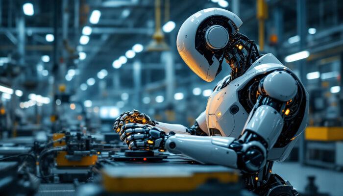 A photograph of a sleek industrial robot in action within a modern manufacturing facility