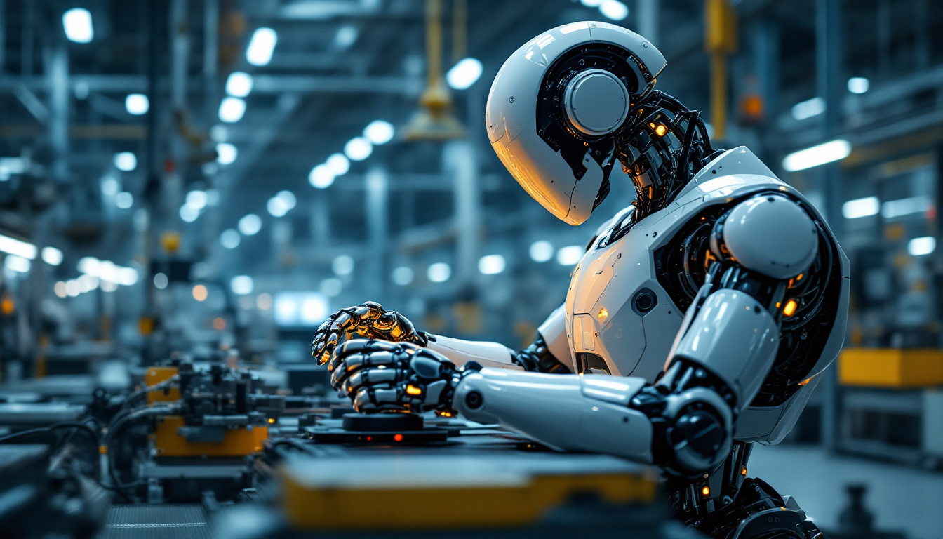 A photograph of a sleek industrial robot in action within a modern manufacturing facility