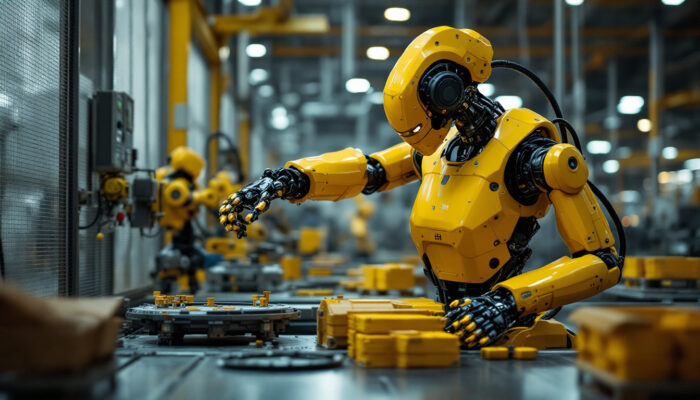 A photograph of a dynamic industrial robot in action on a factory floor