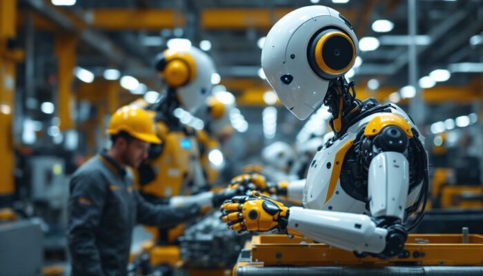 A photograph of a modern industrial robot in action within a manufacturing setting