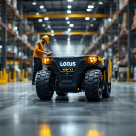A photograph of a locus robotics autonomous mobile robot in action within a warehouse environment