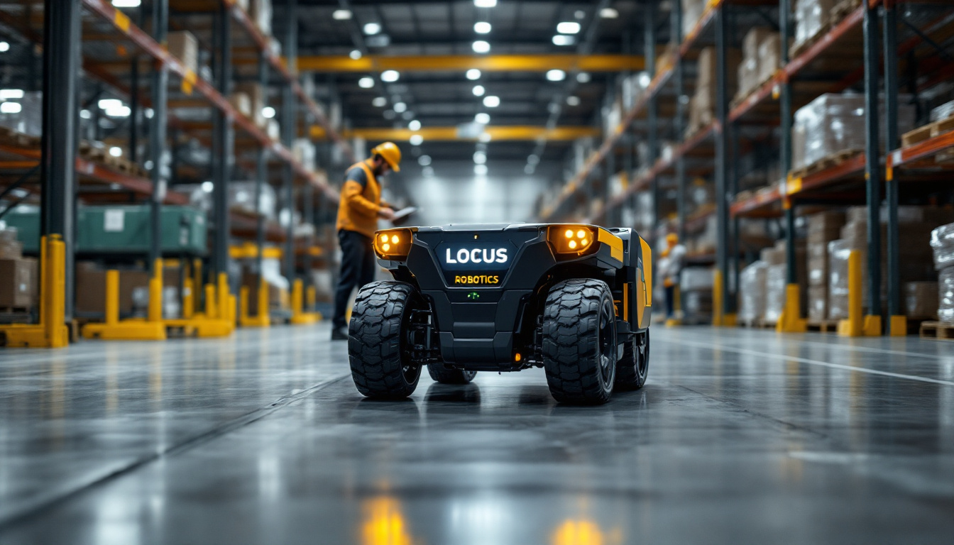 A photograph of a locus robotics autonomous mobile robot in action within a warehouse environment
