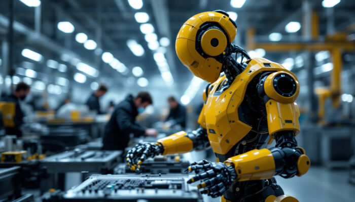 A photograph of a cutting-edge industrial robot in action within a modern manufacturing facility