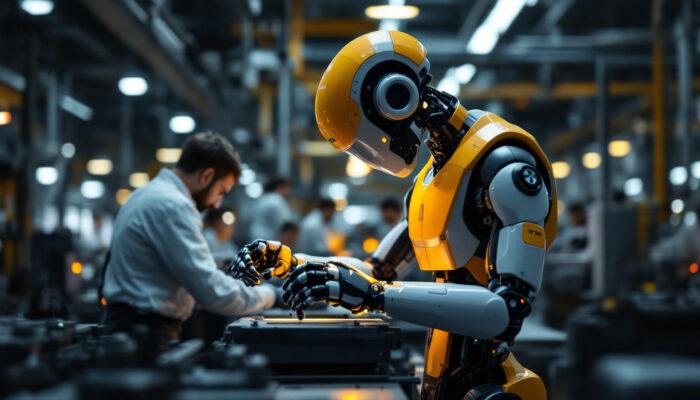 A photograph of a modern industrial robot in action within a manufacturing environment