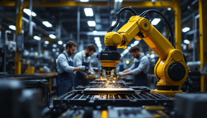 A photograph of a modern industrial setting showcasing a robotic arm engaged in a precise task