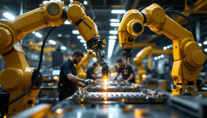 A photograph of a dynamic industrial setting featuring advanced robotic arms in action