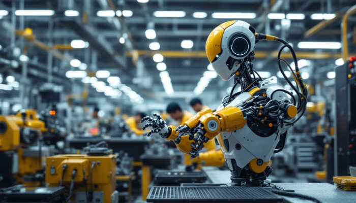 A photograph of a sleek industrial robot in action within a modern south korean manufacturing facility