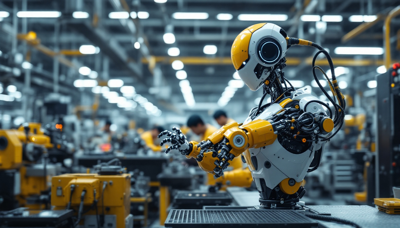 A photograph of a sleek industrial robot in action within a modern south korean manufacturing facility