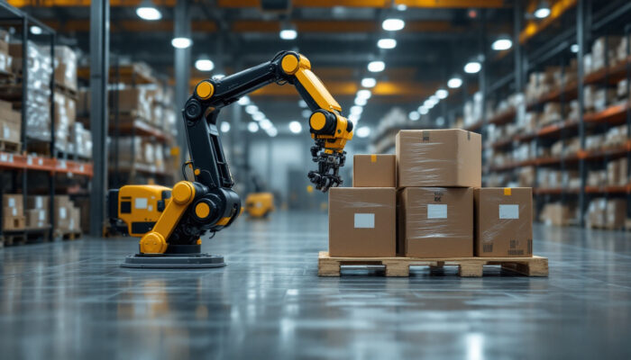 A photograph of a modern industrial robotic palletizer in action
