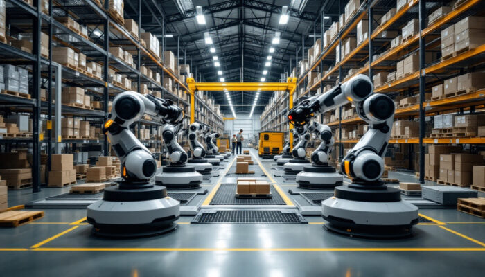 A photograph of a bustling automated warehouse scene featuring sleek robotic systems efficiently transporting goods