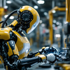 A photograph of a modern industrial robot in action within a manufacturing setting