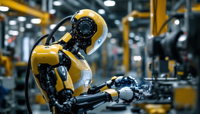 A photograph of a modern industrial robot in action within a manufacturing setting