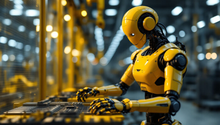 A photograph of a sleek industrial robot in action on a factory floor