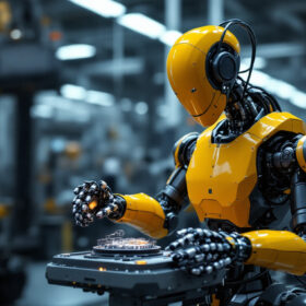 A photograph of a modern industrial robot in action within a manufacturing environment