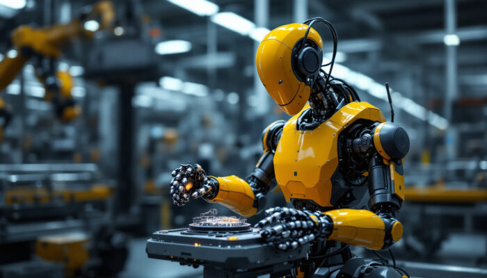A photograph of a modern industrial robot in action within a manufacturing environment