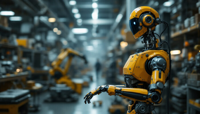 A photograph of a vintage industrial robot in action within a factory setting