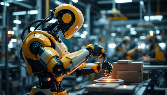 A photograph of a modern industrial robot in action within a manufacturing environment