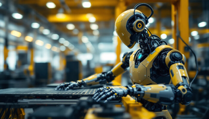 A photograph of a modern industrial robot in action